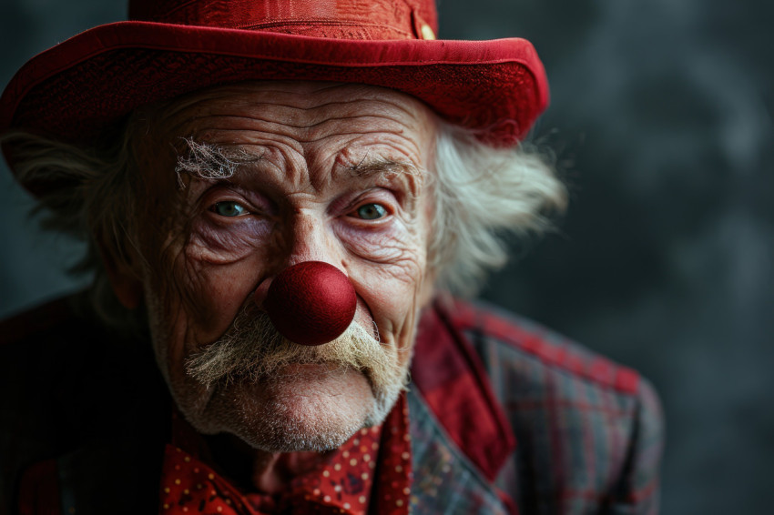 Cheerful grandpa in clown attire with a red nose