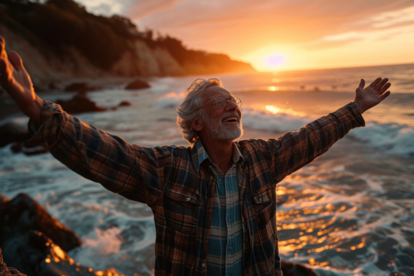 Senior man raises arms smiling brightly at beach sunset Senior man raises arms smiling brightly at beach sunset