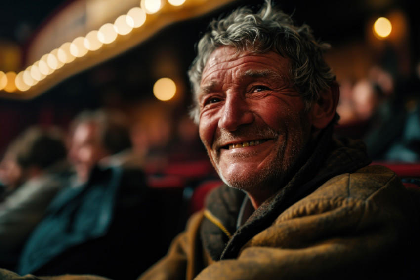A joyful man with a bright smile seated in the theater A joyful man with a bright smile seated in the theater