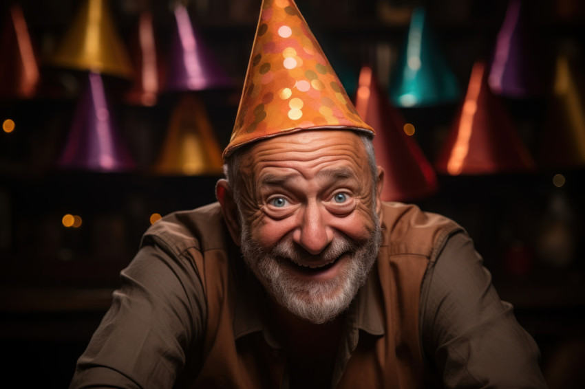 Elderly man donning fun party hat Elderly man donning fun party hat