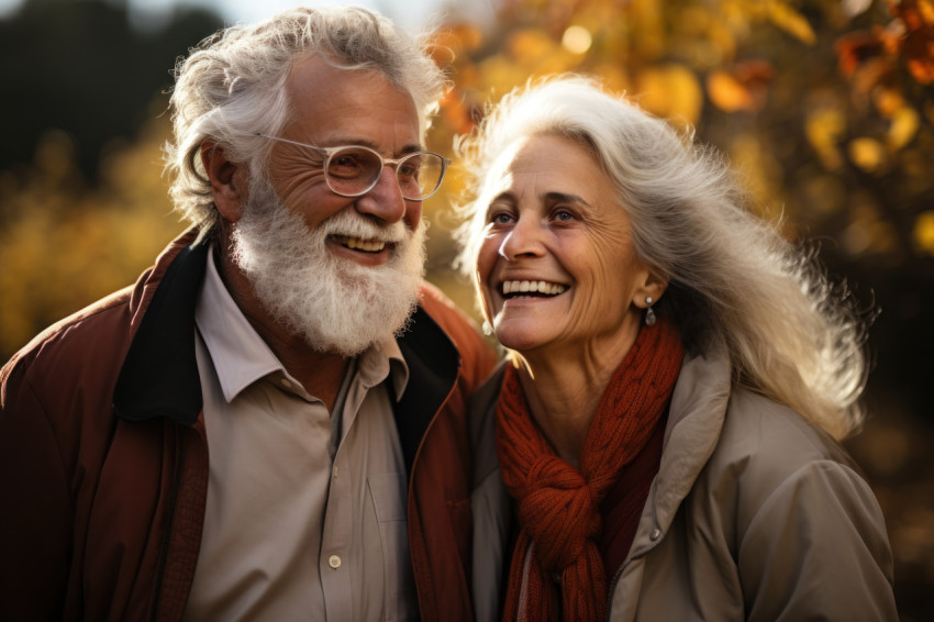 Elders couple posing together against grey wall Elders couple posing together against grey wall