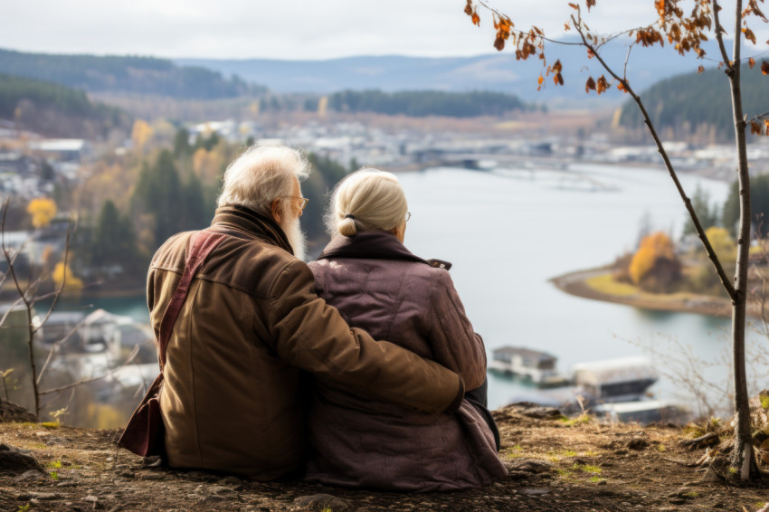 Elderly couple embracing riverside Elderly couple embracing riverside