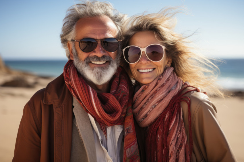 Older couple relishing beachside Older couple relishing beachside