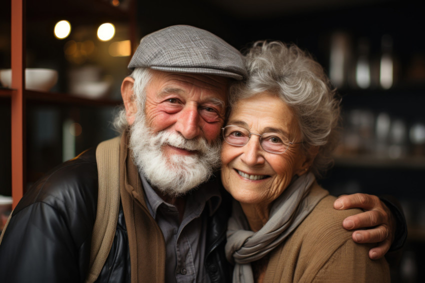 Retired couple embracing in their home Retired couple embracing in their home