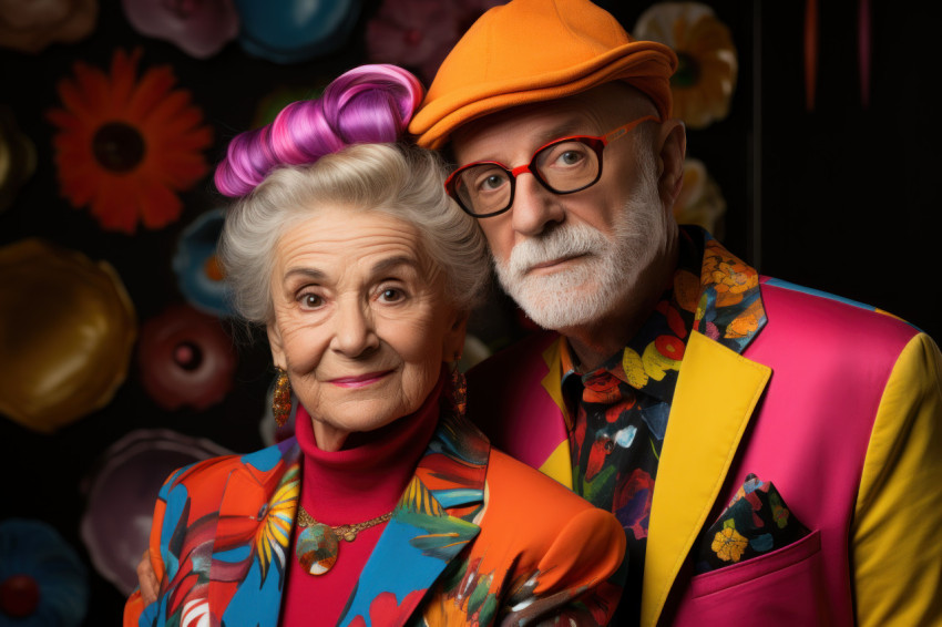 Elderly couple embracing bright hues