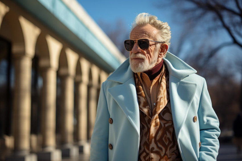 Elderly man radiates style in classic coat Elderly man radiates style in classic coat