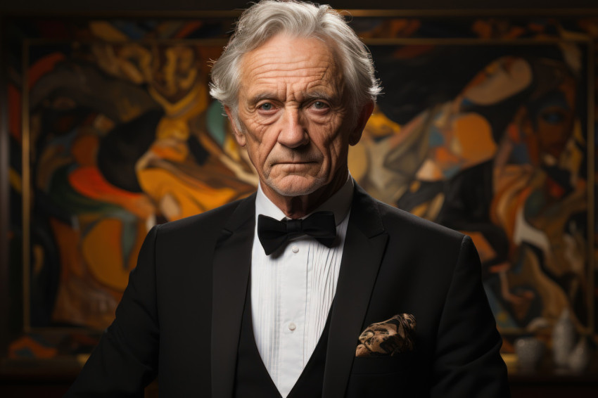 Elderly man stands firm in suit Elderly man stands firm in suit