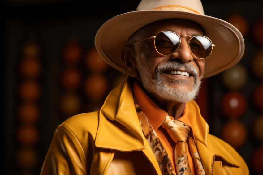 Older man exuding style in beige jacket and sunglasses Older man exuding style in beige jacket and sunglasses
