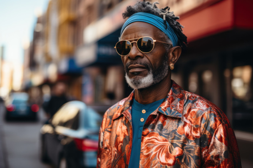 Elderly man in shades assessing urban shirt Elderly man in shades assessing urban shirt