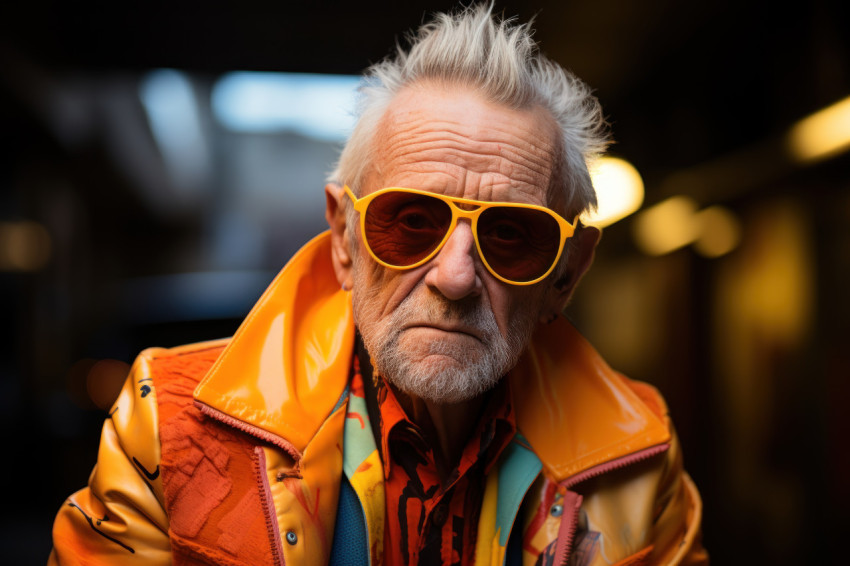Older man yellow jacket and sunglasses Older man yellow jacket and sunglasses