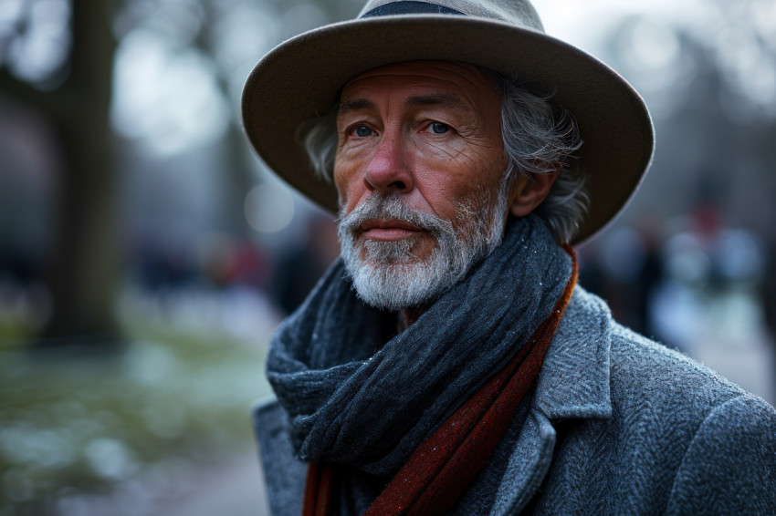 An elegant older man embraces winter fashion in the park with a hat and scarf An elegant older man embraces winter fashion in the park with a hat and scarf