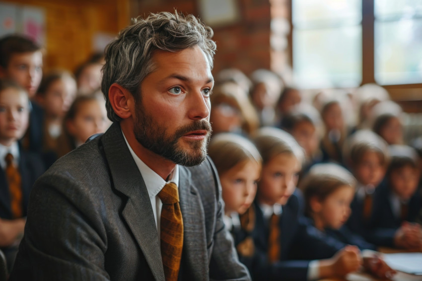 Man in a suit conveys information and engages young minds Man in a suit conveys information and engages young minds