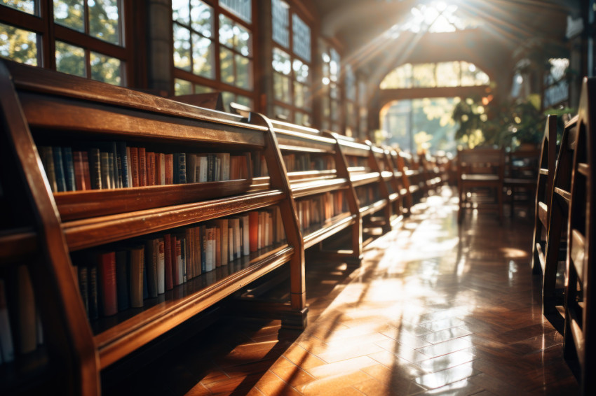 A never ending collection of books in a sunlit library corridor A never ending collection of books in a sunlit library corridor