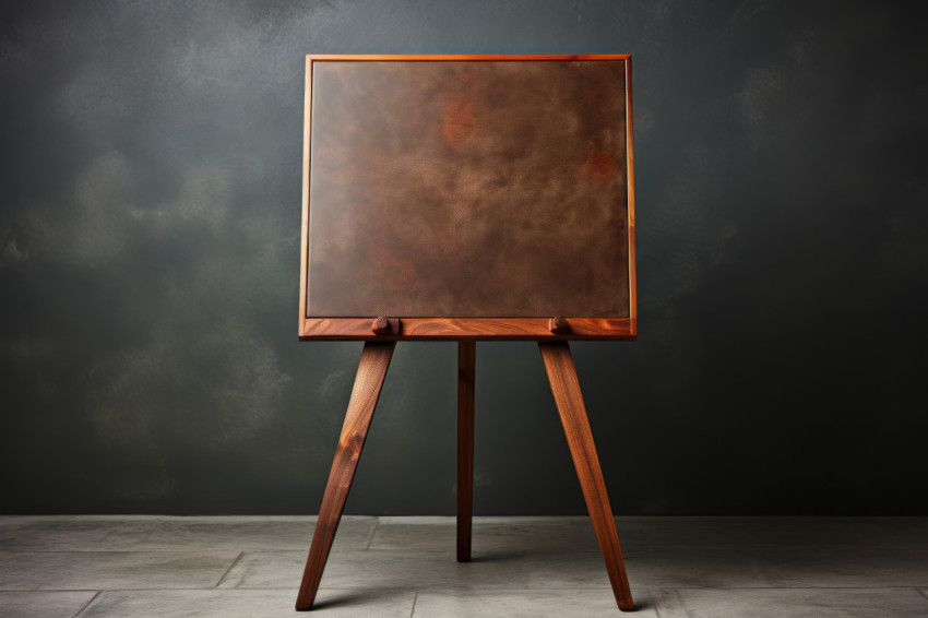 A classic chalkboard on an easel set against a stylish grey background A classic chalkboard on an easel set against a stylish grey background