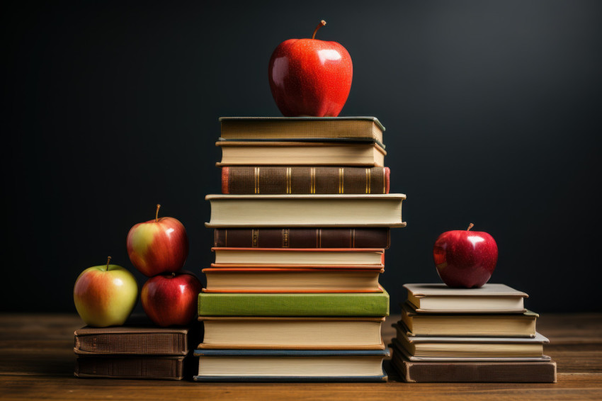 A pile of books with a tasty apple on the summit A pile of books with a tasty apple on the summit