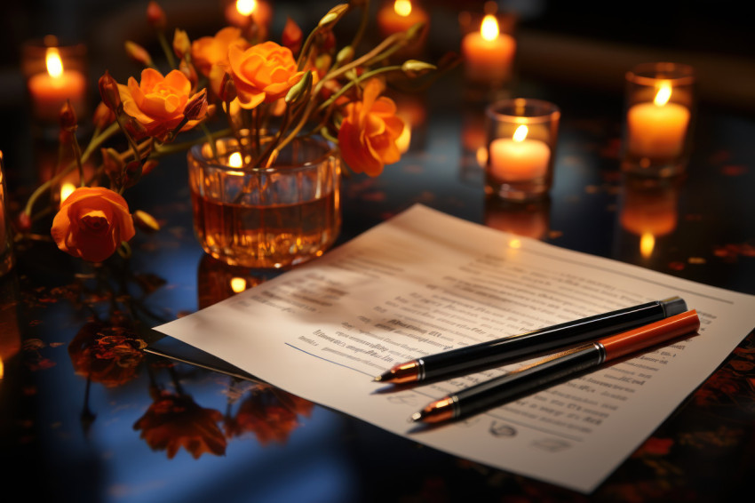 An open document with a pencil and marker on a desk An open document with a pencil and marker on a desk