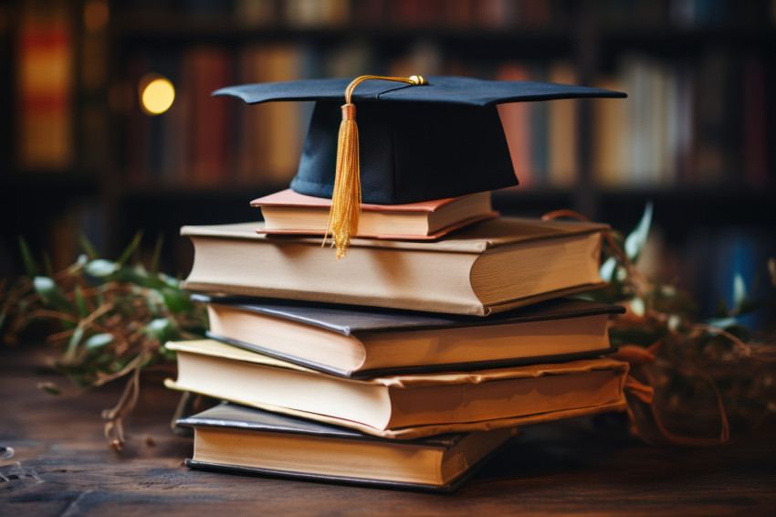Graduation cap and book stack Graduation cap and book stack