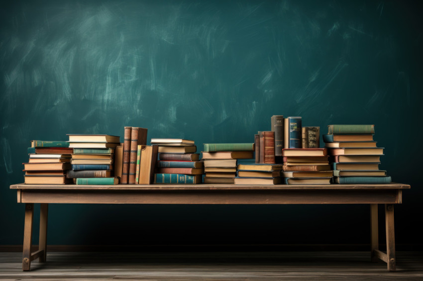 Books stacked by a vibrant green chalkboard Books stacked by a vibrant green chalkboard