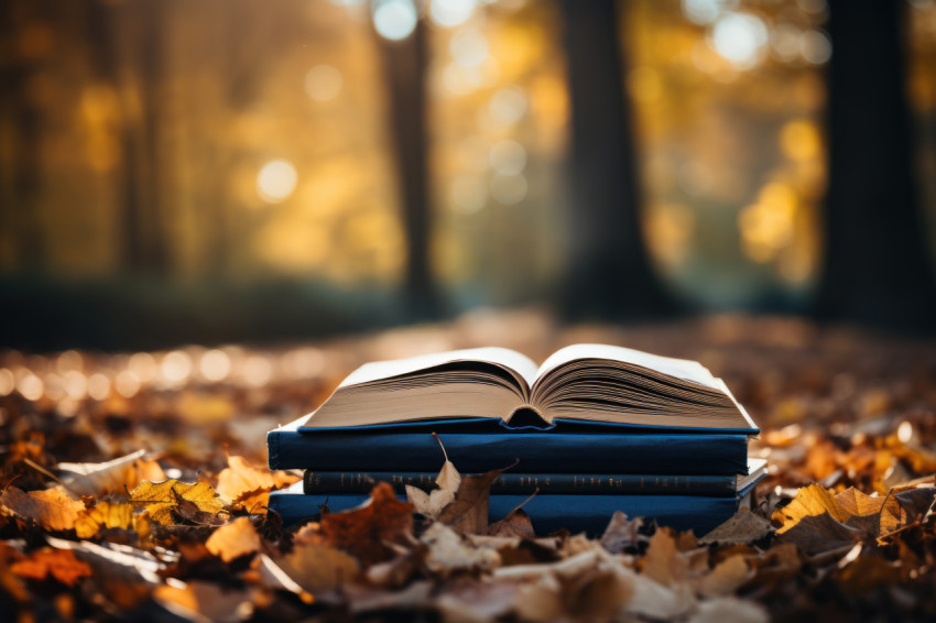 Open books resting on a log with colorful autumn leaves Open books resting on a log with colorful autumn leaves