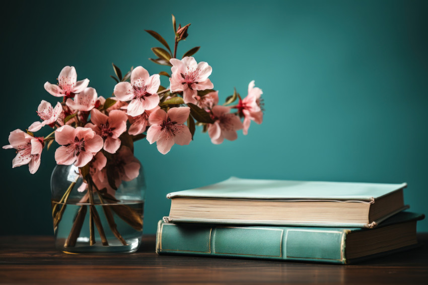 Pink flower books and glasses create a beautiful scene against a green backdrop Pink flower books and glasses create a beautiful scene against a green backdrop