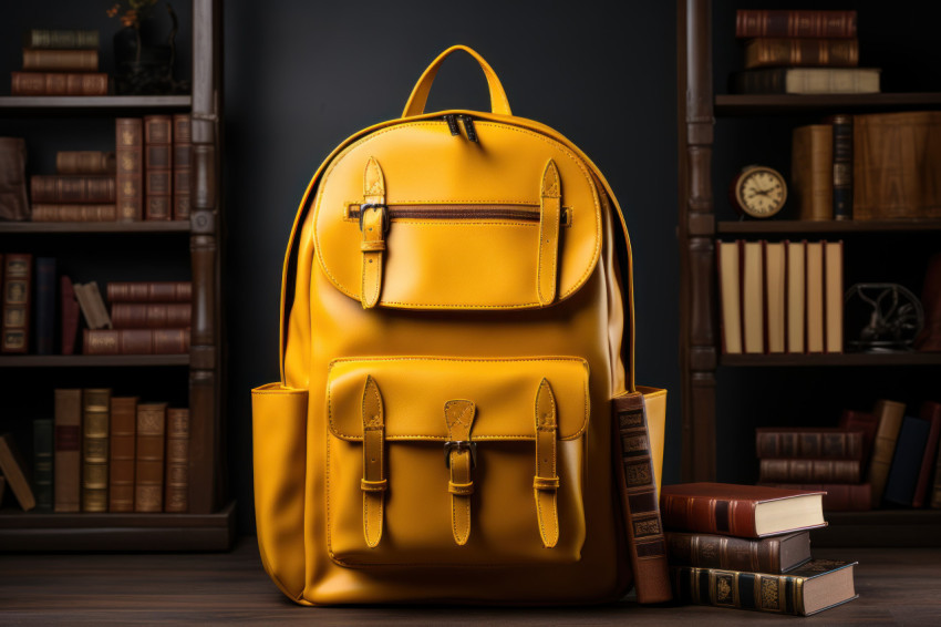 A cheerful yellow backpack amongst books A cheerful yellow backpack amongst books