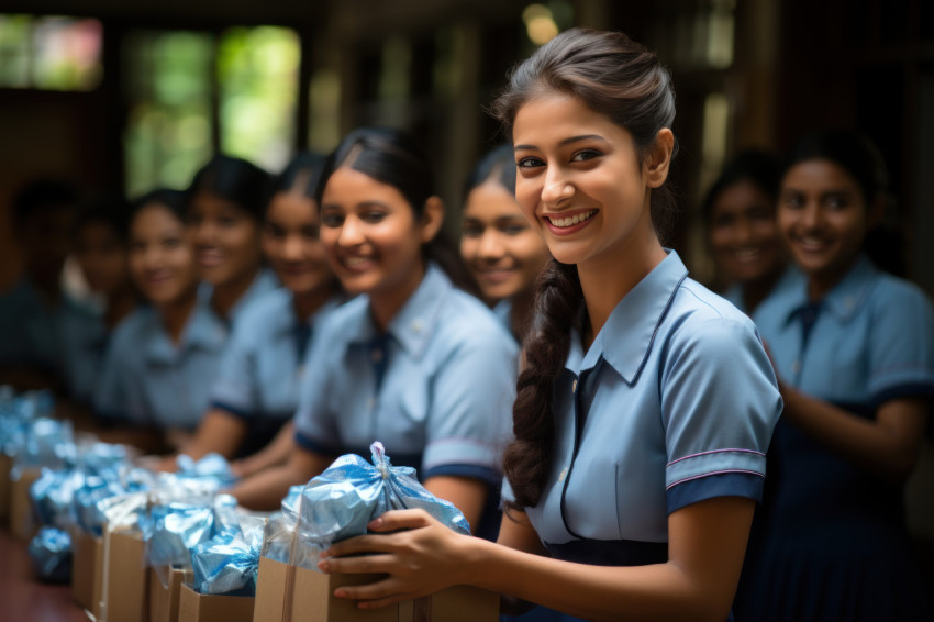 Smiling ladies in blue attire share gifts with students Smiling ladies in blue attire share gifts with students