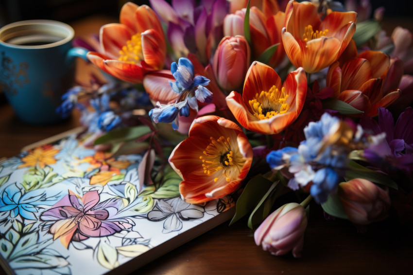 A cheerful scene with tulips pencils and a coffee notebook to brighten your day A cheerful scene with tulips pencils and a coffee notebook to brighten your day