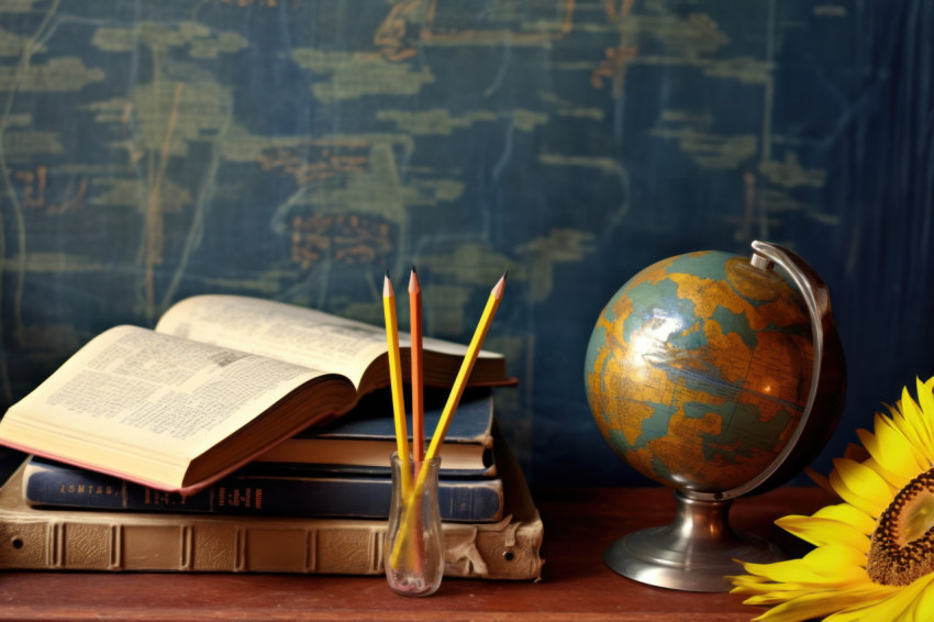 Flowers books and globe for teacher day celebration Flowers books and globe for teacher day celebration