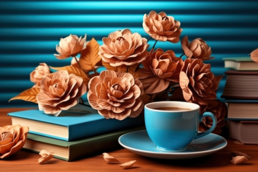 Blooms tea and books create a charming tableau on the table Blooms tea and books create a charming tableau on the table