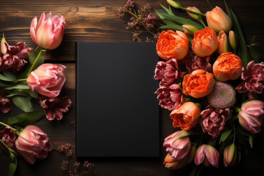 Black notebook and pencil on a rustic wooden table Black notebook and pencil on a rustic wooden table