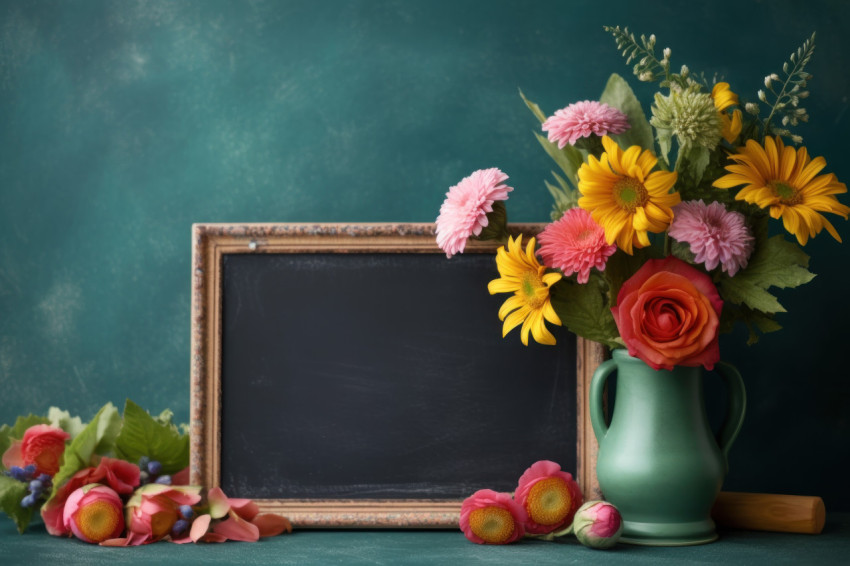Colorful blossoms grace a green chalkboard in this close up view Colorful blossoms grace a green chalkboard in this close up view