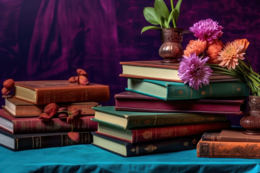Books flowers and teacher day memories beautifully arranged on a table Books flowers and teacher day memories beautifully arranged on a table
