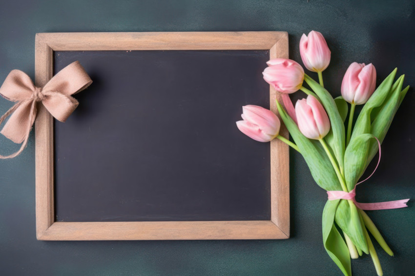 Tulip filled joy on a chalkboard with a delightful gift Tulip filled joy on a chalkboard with a delightful gift