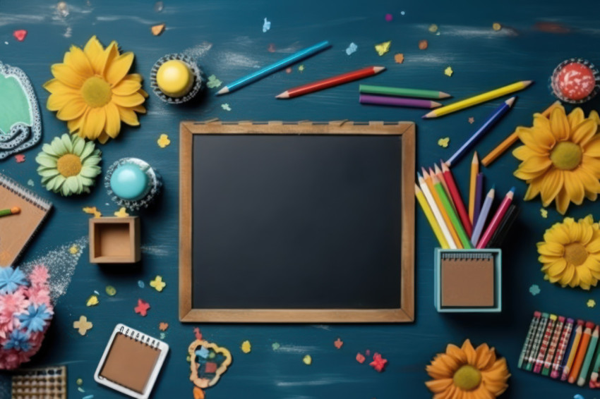 Back to school happiness with vibrant supplies and a cute flower chalkboard on a blue backdrop Back to school happiness with vibrant supplies and a cute flower chalkboard on a blue backdrop