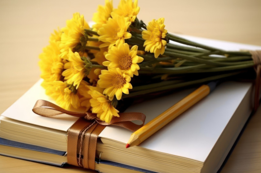 Yellow flowers and pencils creating a vibrant display on a white background Yellow flowers and pencils creating a vibrant display on a white background
