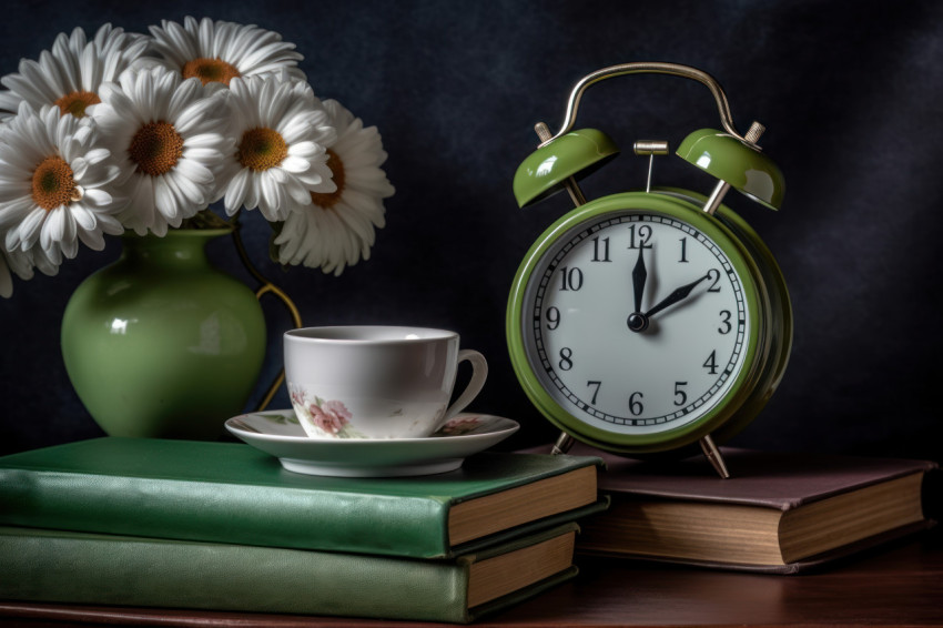 A book apple alarm clock and daisies arranged on a table A book apple alarm clock and daisies arranged on a table