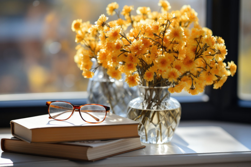 Glasses atop books yellow flowers in a vase against a white backdrop simple and elegant Glasses atop books yellow flowers in a vase against a white backdrop simple and elegant
