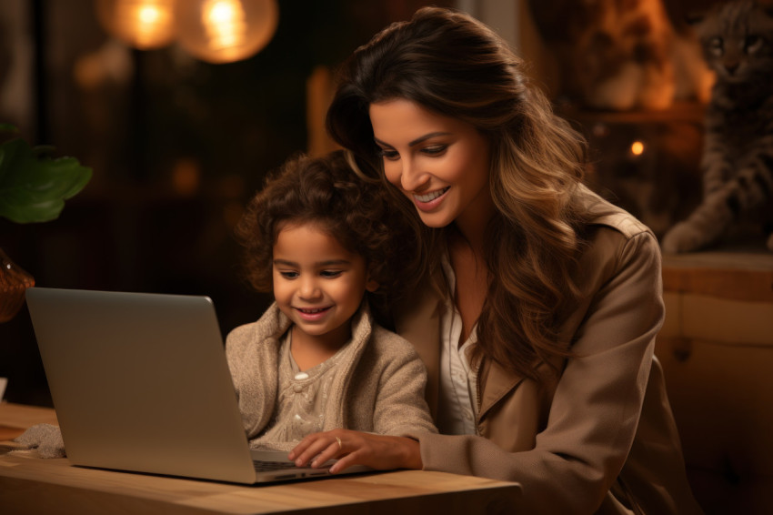 Indian woman and child sitting on couch using a laptop together Indian woman and child sitting on couch using a laptop together
