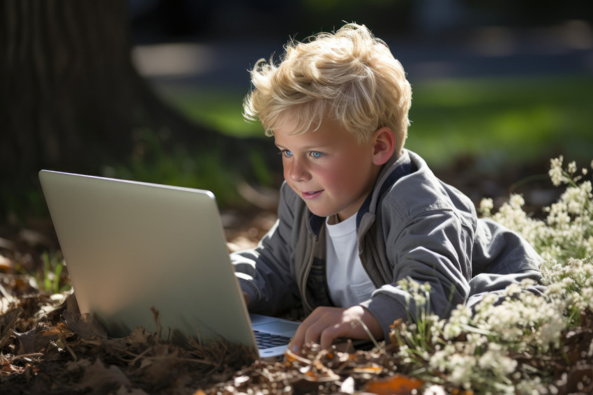 Boy lying on grass engrossed with a laptop