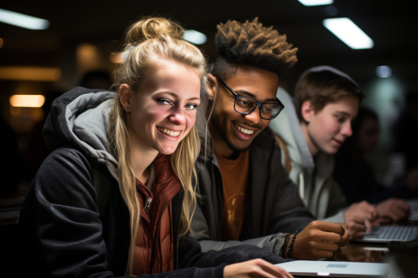 Group of students gathered around a table engaged in studying browsing a laptop for information on a school project