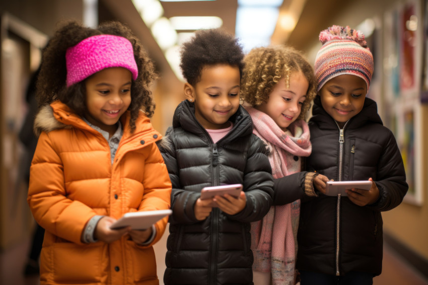 Children in a hallway captivated by a tablet discovering and sharing digital wonders in a group setting