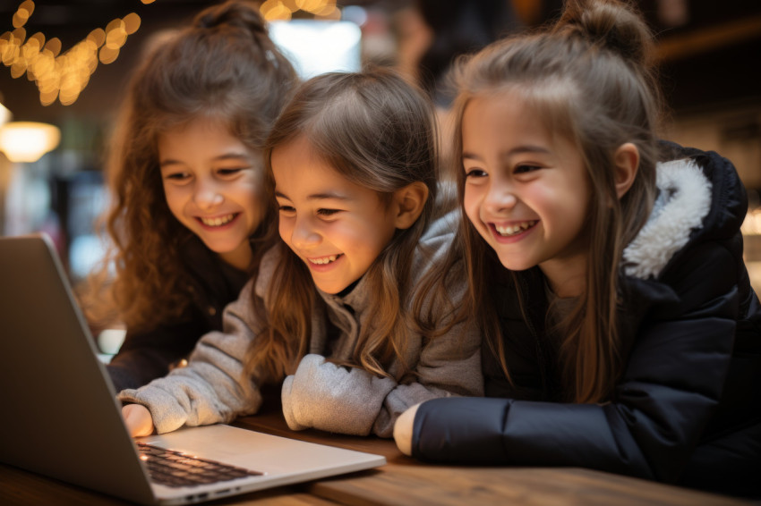 Children laying down captivated by a laptop discovering and learning collaboratively in a cozy shared space