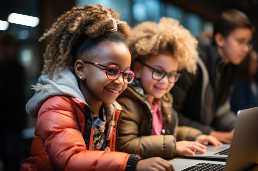 Group of children engaged peering at a laptop screen captivated by shared digital exploration