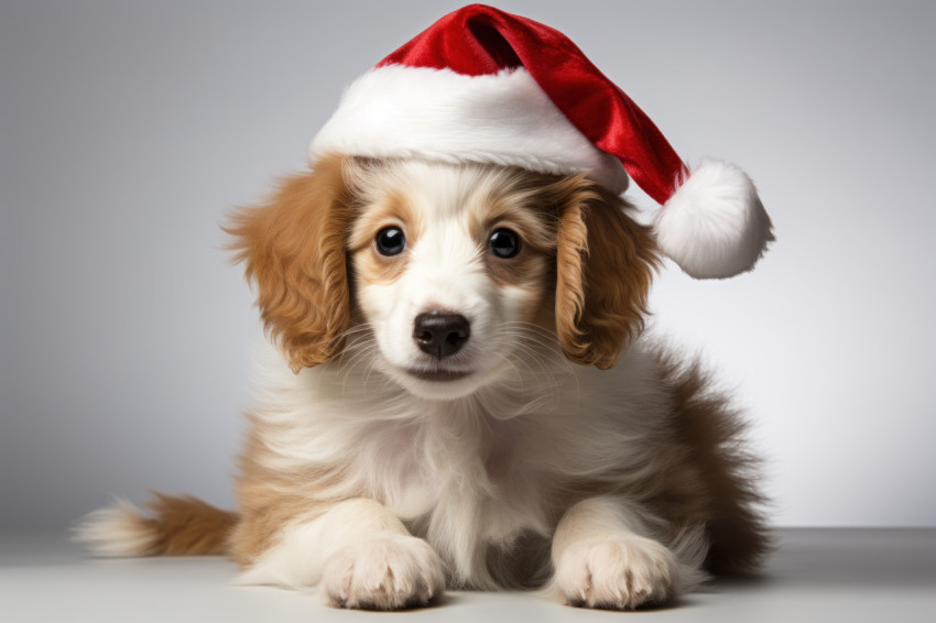 Puppy wearing a santa hat sitting on a white backdrop Puppy wearing a santa hat sitting on a white backdrop, animal photography pics