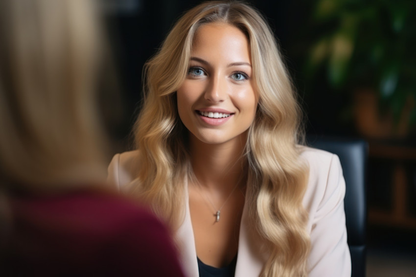 Joyful woman candidate in office job interview Joyful woman candidate in office job interview
