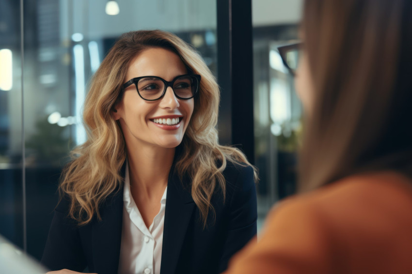 A businesswoman being interviewed by a woman in glasses for a job opportunity A businesswoman being interviewed by a woman in glasses for a job opportunity