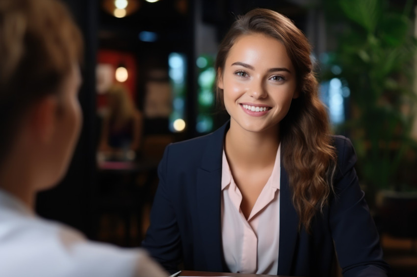 Joyful woman conducts office interview discussing with another woman sharing ideas for a positive work environment Joyful woman conducts office interview discussing with another woman sharing ideas for a positive work environment