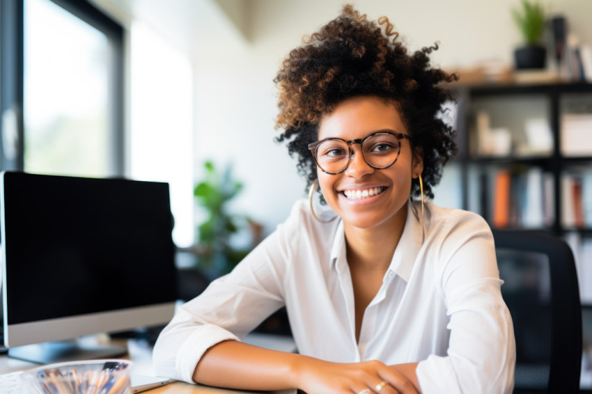 A woman in the office seated and smiling with glasses A woman in the office seated and smiling with glasses