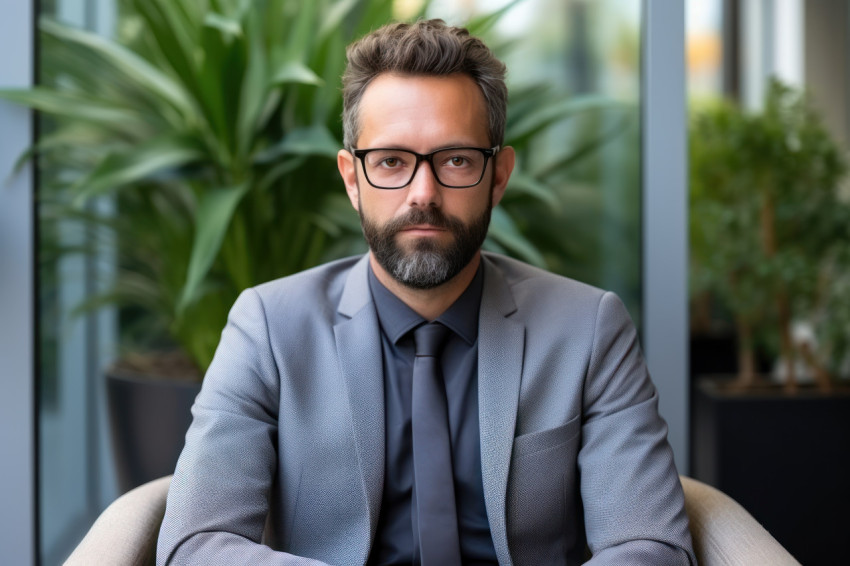 Businessman in waiting room patiently sits in chair preparing for interview moment Businessman in waiting room patiently sits in chair preparing for interview moment