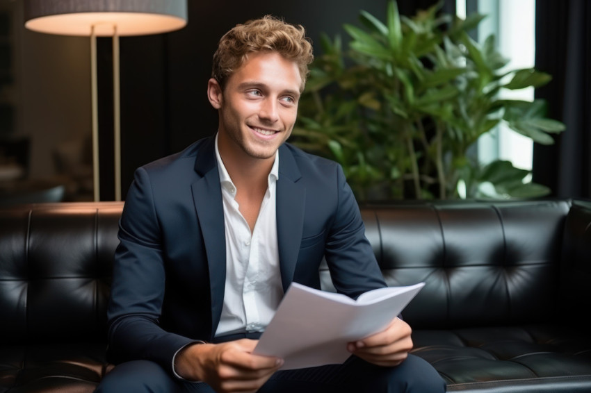 Young man sits on sofa awaiting interview holds folder gazes to the side Young man sits on sofa awaiting interview holds folder gazes to the side